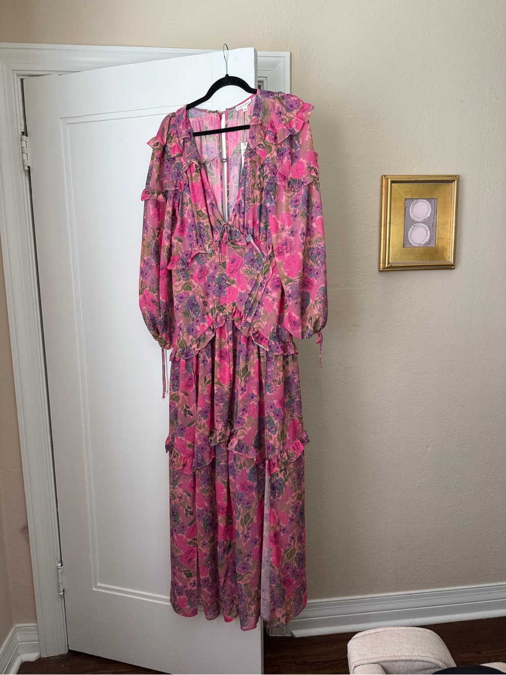 Title: NWT For Love & Lemons Annie Pink Floral Ruffle Maxi Dress Large